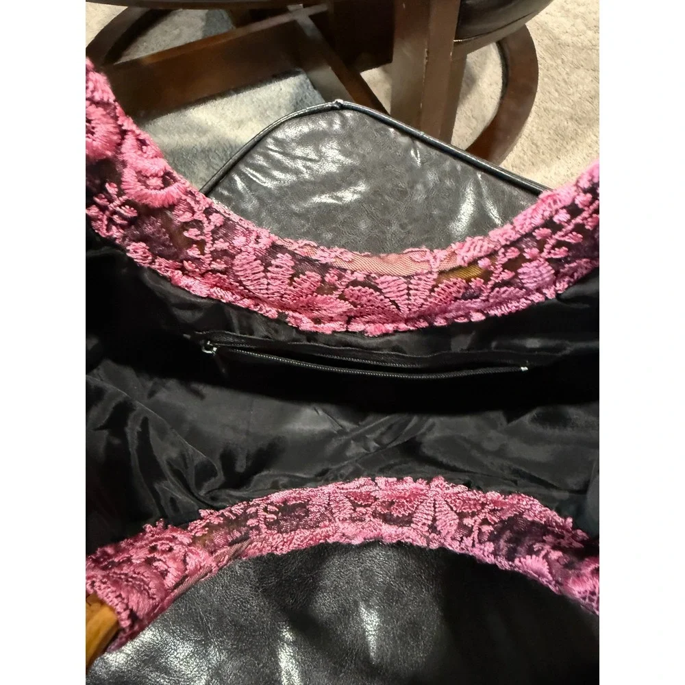 Pink Lace Floral Embroidered Hobo Bag with Wooden‎ Ring Handles Purple Flowers